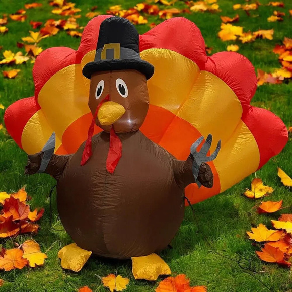Gemmy Airblown Inflatable 6 Foot Turkey Thanksgiving Pilgrim Hat Lights up - Picture 1 of 5